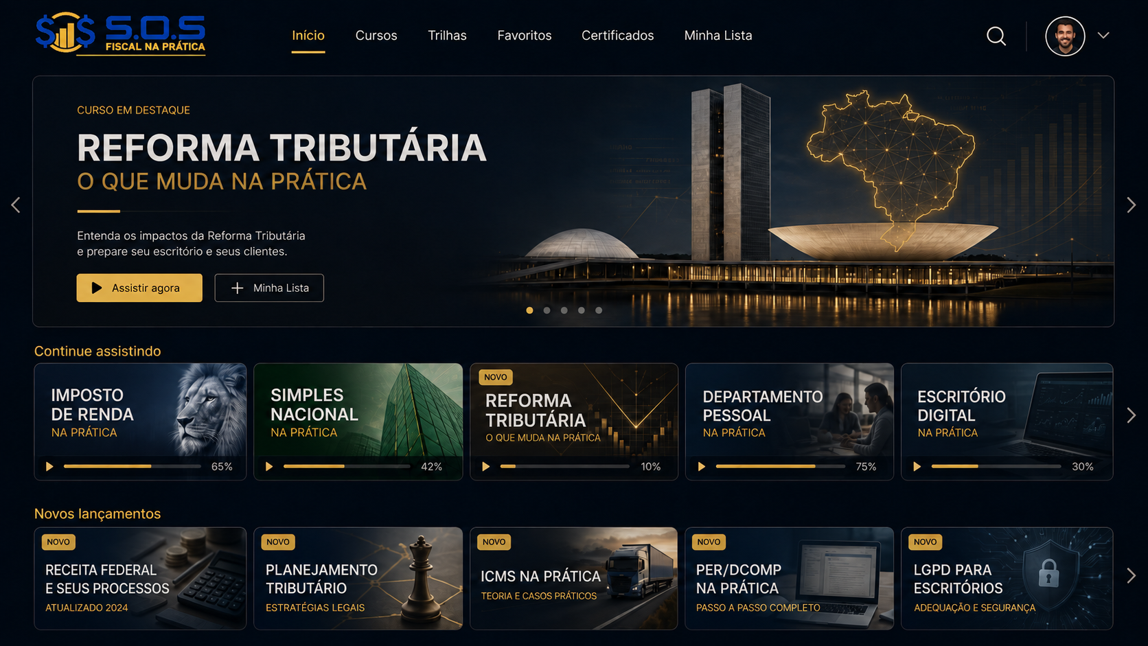 Painel de cursos da SOS Fiscal na Prática estilo Netflix